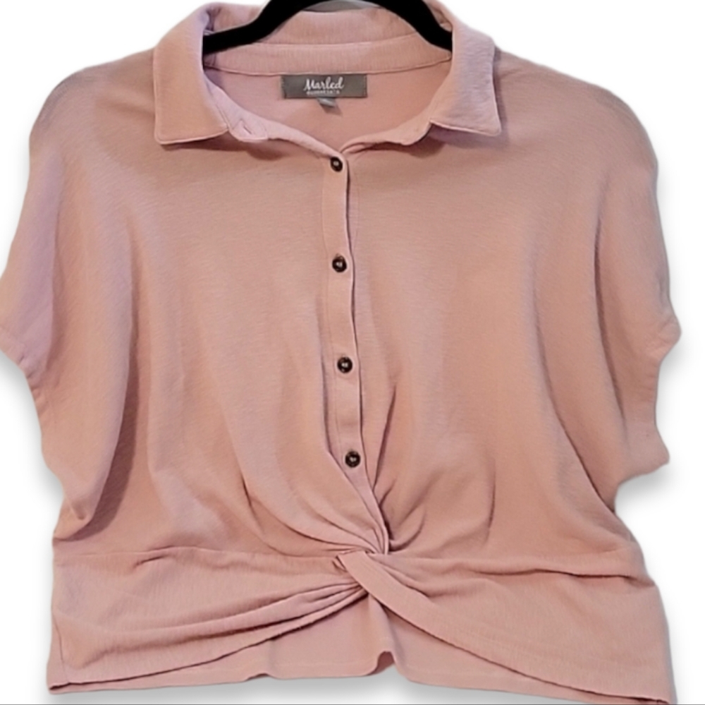 Marled Essentials Collard Buttoned Front Tie Short Sleeve Top Pink, Size S